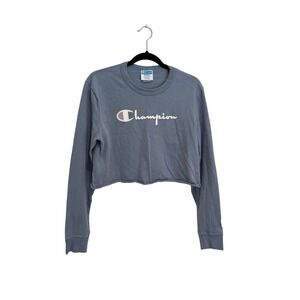 Champion Cropped Sweatshirt in Slate Blue with White Logo